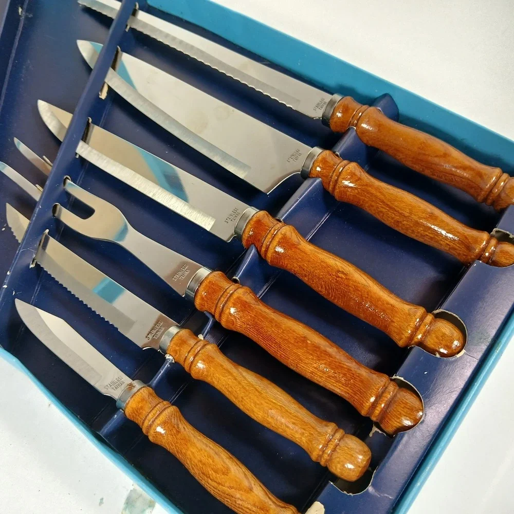 Vtg Sheaffer Collection Stainless Cutlery Set Wooden Handled Knives 6 Piece New